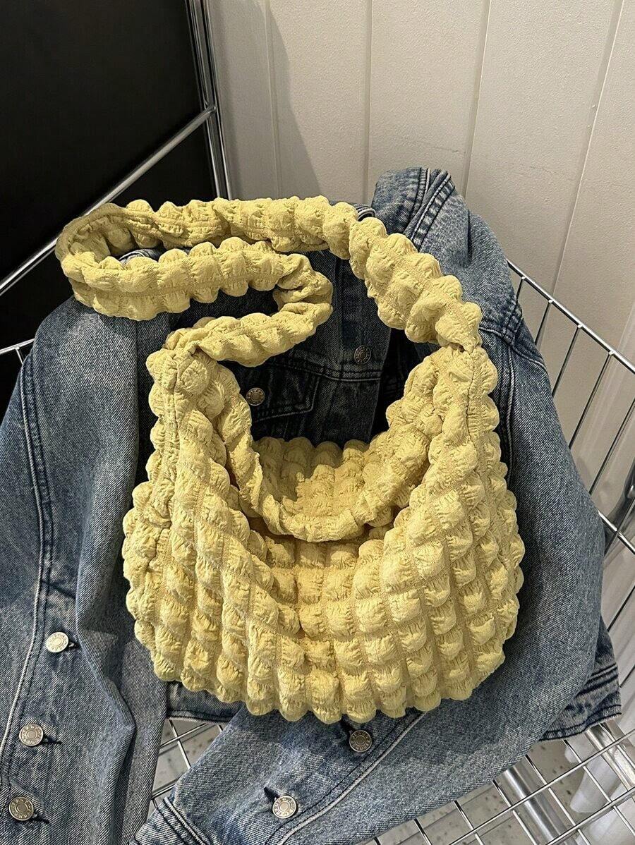 Bolso bandolera acolchado de hombro de moda estilo matelassé, unicolor, con relleno de plumas en forma de rombos, bolso tipo cartera en forma de empanadilla - Mostaza Amarilla - Ver 1