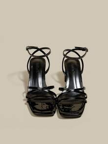 Women's Black High Heel Sandals With Criss-Cross Open Toe Lace-Up Chunky Heel Strap Gladiator Sandals,Summer - Black - View 3