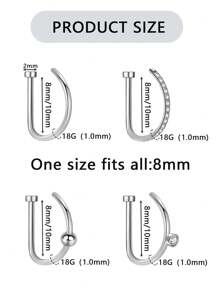 1 Stück hochwertiger D-förmiger Fake Nasenpiercing aus Edelstahl, einfach und personalisiert, 20G nicht durchstochener Körperschmuck ohne Körperpiercing, Anti-Verlust-Design, geeignet für den täglichen Gebrauch von Frauen, mit einem Innendurchmesser von 8 mm/10 mm.