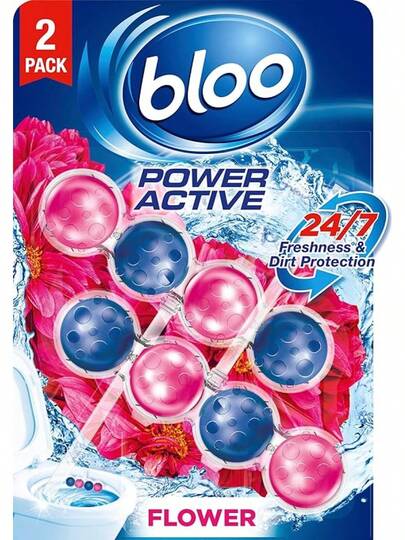 Bloo Power Active Toilet Rim Block Fresh Flowers, With Anti-Limescale, Cleaning Foam, Dirt Protection And Extra Freshness - Pack Of 3 Rimblocks