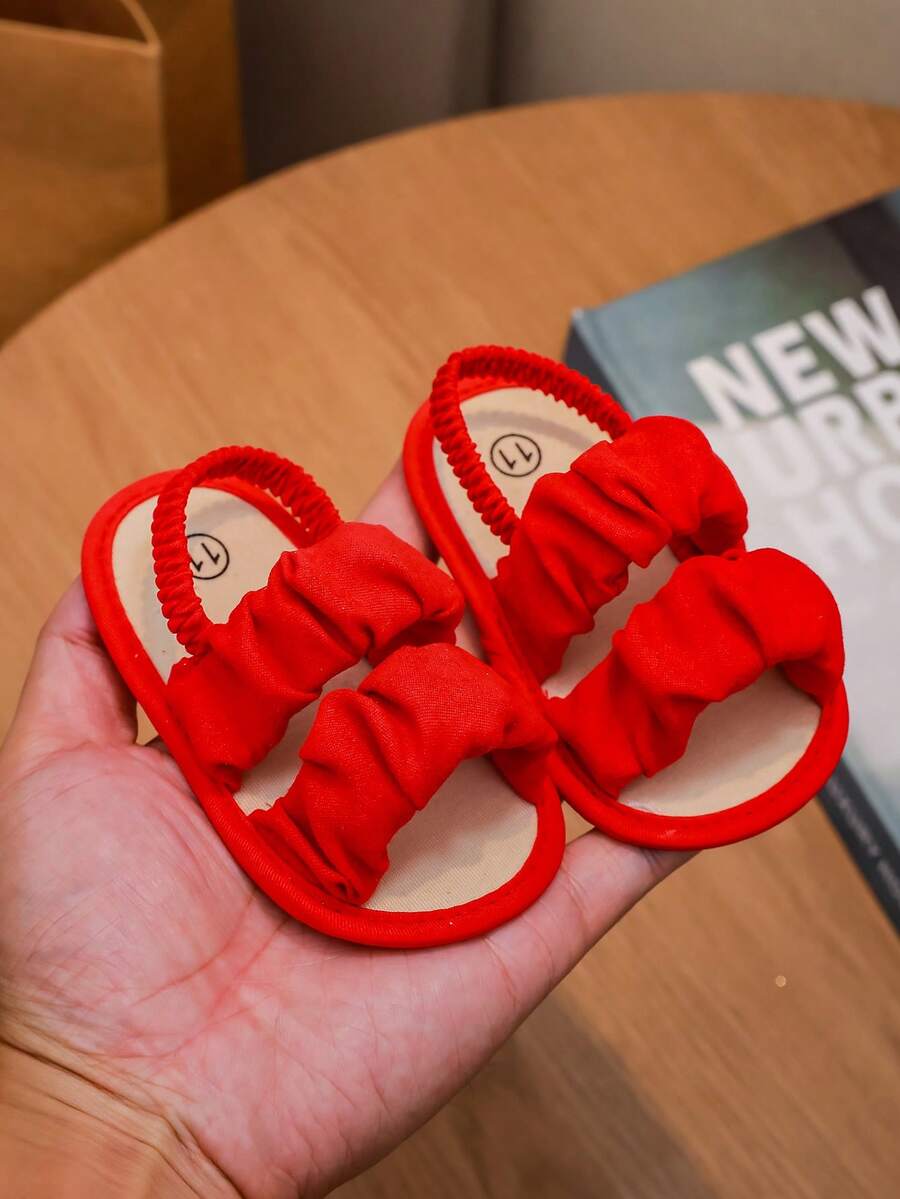 1 par de sandalias planas, cómodas y casuales con diseño de pliegues elásticos, adecuadas para el verano - Rojo - Ver 1