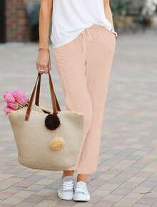 Women's Solid Color Simple Daily Lace Up Casual Pants  Plain    Casual    Knot  Drawstring  Pocket - 粉色 - 查看 3