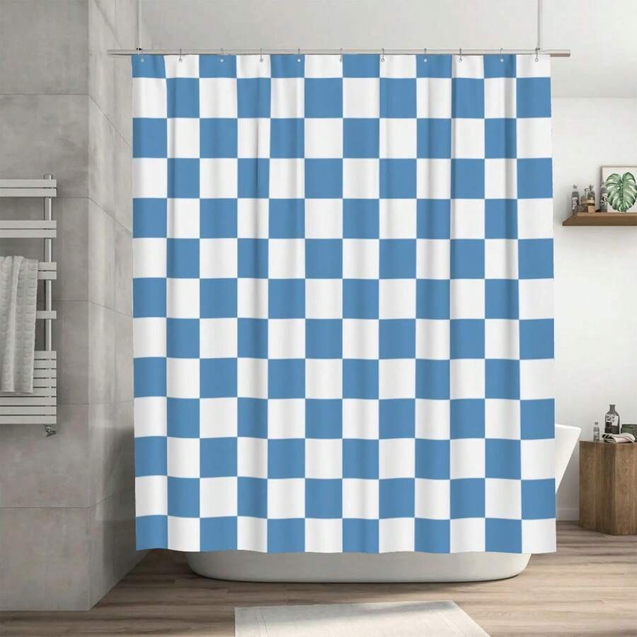 Checkered Shower Curtain, Blue Shower Curtains For Bathroom, Cute Retro Checkboard Shower Curtain Vintage Aesthetic, Machine Washable Fabric Shower Curtain, 72''x72'' - 藍色 - 查看 1