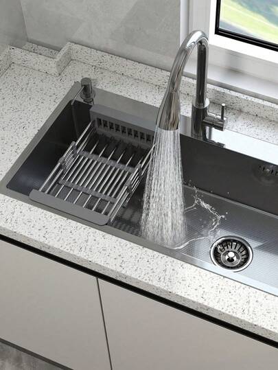 1 件可扩展不锈钢滤水篮储物厨房水槽沥水架、厨房水槽收纳架、可折叠碗碟沥水架伸缩式干燥碗碟沥水架、伸缩餐具架、厨房收纳架、家用厨房水槽收纳架