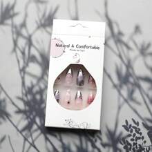 Almond Press On Nails Medium Length Fake Nails Black Goth Acrylic Glue On Nails Glow In The Dark False Nails With Designs Full Cover Glue On Nails Reusable Artificial Nails For Women 24Pcs