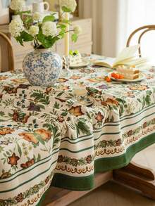 1pc Yellow Floral Jacquard Tablecloth With Green Trim, Suitable For Kitchen, Dinning Table, TV Stand, Holidays, Birthday Parties, Dinner Events, Home Decor, Photoshoot Background - Multicolor - View 3
