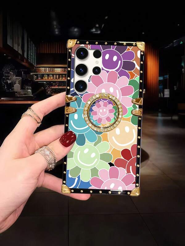 1 pièce Étui de téléphone de style rectangle avec motif floral coloré et support anneau, compatible avec 16 Pro Max/15 Plus haut de gamme, Galaxy S25 Ultra haut de gamme S25 Edge/S24+/S24 Ultra 5G de qualité premium, rétro, élégant S24 FE/A55 5G nouveau A56 5G de luxe Note20 Ultra unique Note10+ Housse de téléphone, Redmi Note 13 Pro 5G
