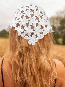 1pc White Knitted Flower & Mesh Pattern Triangle Scarf Headband Hair Band Turban Headband Sweatband
