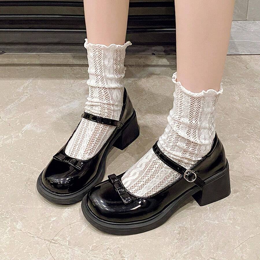 复古粗跟玛丽珍女鞋，2025夏季新款蝴蝶结日式JK百搭棕色绑带小皮鞋 - 黑色 - 查看 1