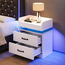 LED NightStand Set Of 2, Modern Night Stands With 2 Drawers, Bedside Tables And End Side Tables For Bedroom, Black/ White/ Grey - 白色 - 查看 7