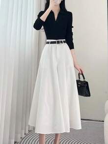 Solid Color High Waist Skirt With Pockets On Both Sides And Wide Hem - 白色 - 查看 2
