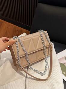 Chic High-End Fashion Flap Chain Crease Stylish Shoulder Bag, Crease Diamond Chain Shoulder Bag For Women - Khaki - View 4