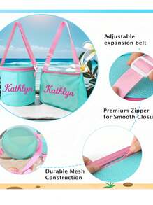 Personalized Mesh Beach Bag Set – Custom Name Seashell Bags For Kids,Bucket & Shoulder Style Summer Pool Tote Combo