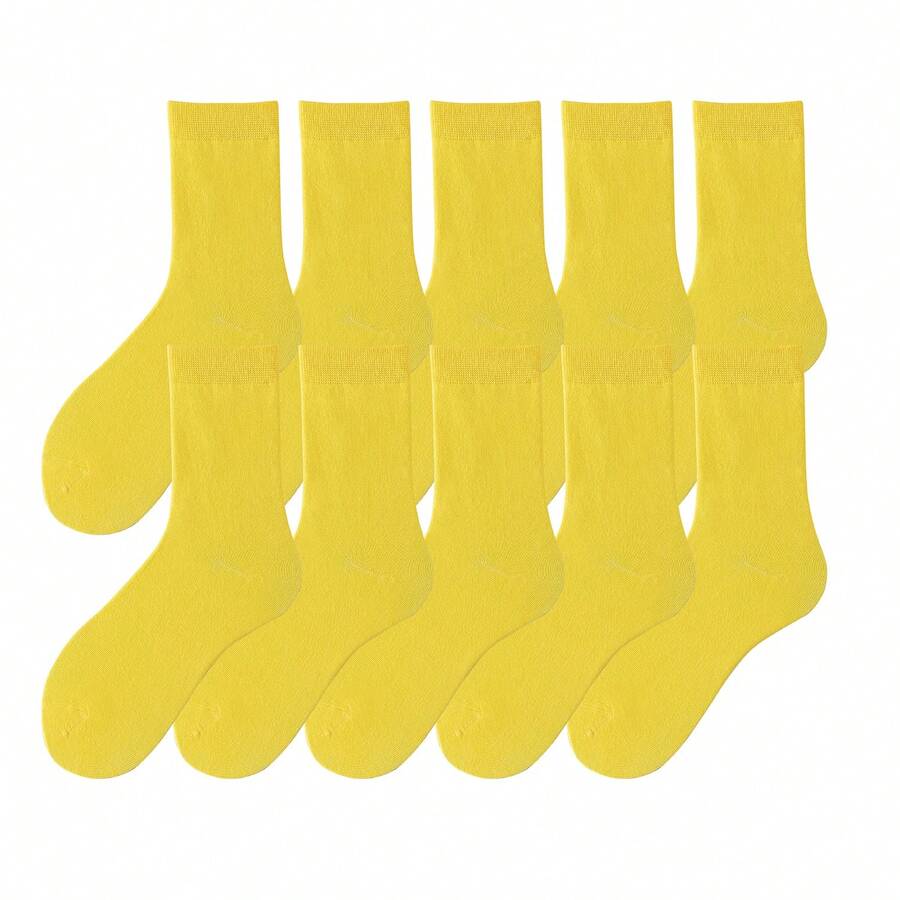 10 Pairs Spring Autumn Basic Solid Color Women Cotton Socks Girl Colorful In Tube Sock Free Size US5-9 - Yellow - View 1
