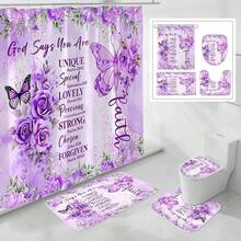 4 Pcs Yellow Inspirational Quotes Shower Curtain Set With Rugs And Toilet Lid Cover, Colorful Boho Waterproof Fabric Bathroom Set, Bible Verse Floral Bathroom Decor Set Accessories - 紫色 - 查看 1