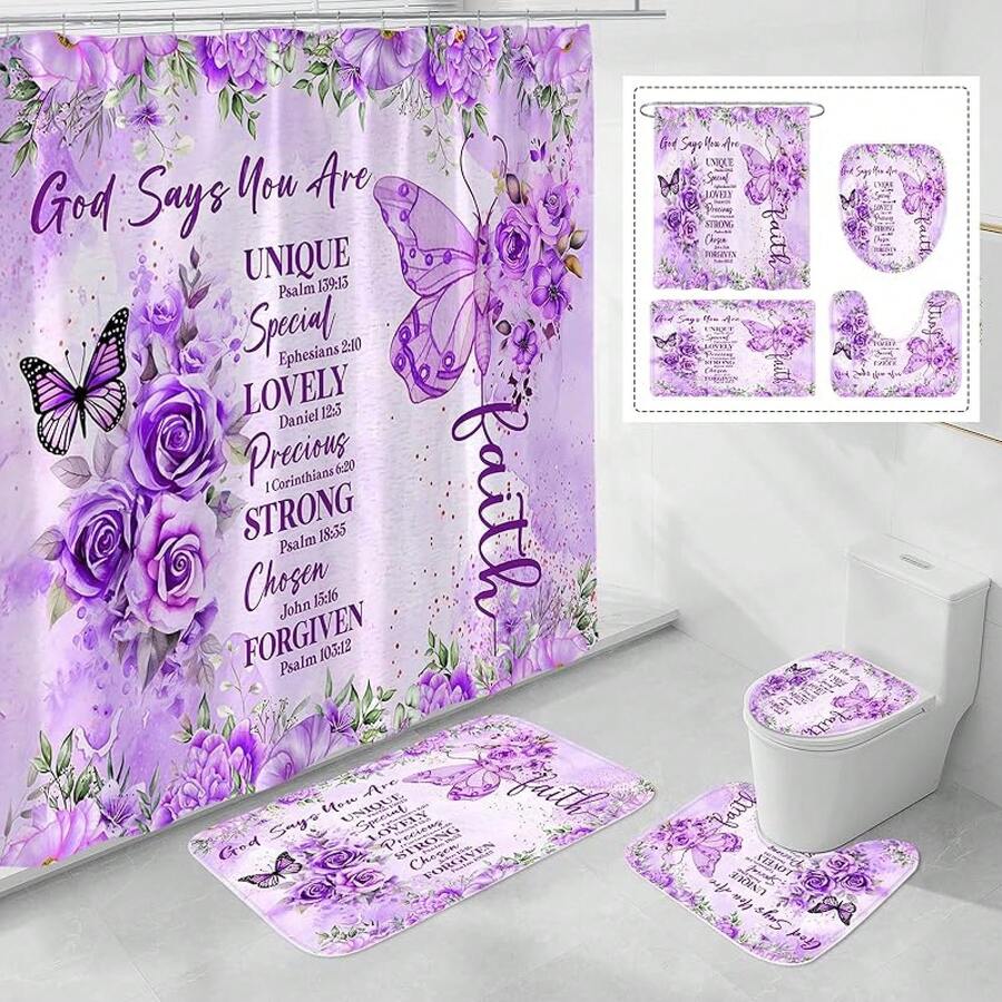 4 Pcs Yellow Inspirational Quotes Shower Curtain Set With Rugs And Toilet Lid Cover, Colorful Boho Waterproof Fabric Bathroom Set, Bible Verse Floral Bathroom Decor Set Accessories - 紫色 - 查看 1