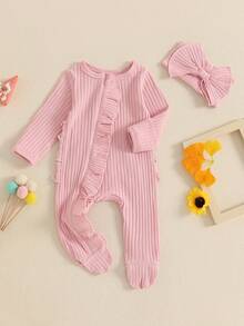 Newborn Girl Fall Outfit Solid Ribbed Ruffle Trim Long Sleeve Zipper Front Footed Bubble Jumpsuit Bow Headband 2 Piece Set - Pink - View 2