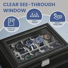 20-Slot Watch Box, Watch Case With Glass Lid, 2 Layers, Lockable Watch Display Case, Black Synthetic Leather - 黑色+灰色 - 查看 2