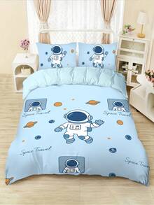 Astronaut Exploration Theme Duvet Cover Set, Cartoon Animal Hippo Bedding Set For Boy Girl Room Decor, 4pcs 1 Duvet Cover + 2 Pillowcases + 1 Flat Sheet, No Fill - D - View 1