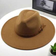 Women Men Wide Brim Fedora Hat Solid Color Belted Wool Hat Felt Jazz Cap For Party - 卡其色 - 查看 1