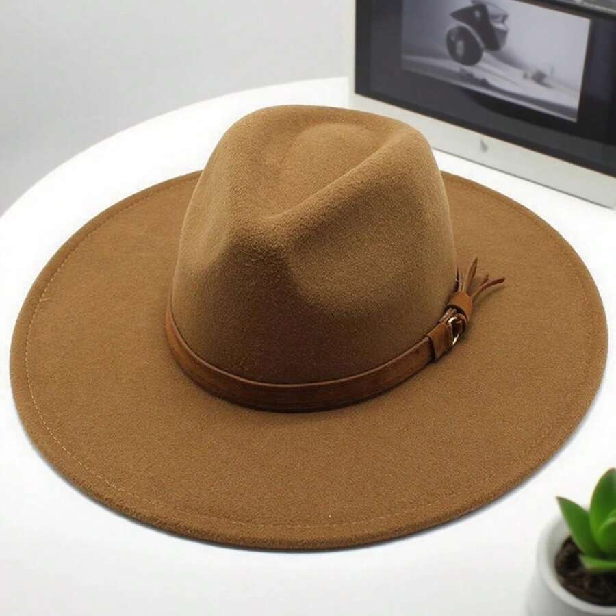 Women Men Wide Brim Fedora Hat Solid Color Belted Wool Hat Felt Jazz Cap For Party - 卡其色 - 查看 1