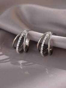 1 Pair Copper Inlaid Cubic Zirconia 3-Row C-Shape Hoop Earrings, Suitable For Daily Wear