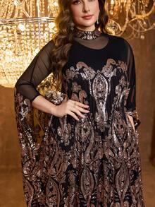 SUPGIR [Random Print] Plus Size Women's Stand Collar Long Sleeve Reversible Sequin Contrast Mesh Fabric Elegant Evening Dress - màu đen - Xem 5