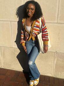 Áo khoác cardigan dệt kim dài tay cổ chữ V cài nút kẻ sọc nhiều màu sắc của For Love & Bella dành cho nữ, thích hợp cho kỳ nghỉ và mùa thu/đông. - Màu vàng - Xem 3