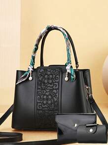 Conjunto Elegante de 3 Peças de Bolsas de Moda Feminina com Bordado - Estampa Geométrica Elegante, Bolsa de Couro Sintético e Carteira Tipo Clutch com Lenço