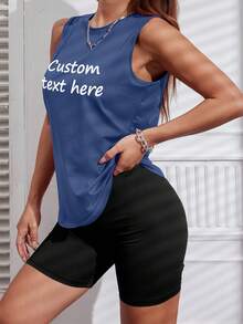 定制女式背心，添加您的文字，选择您喜欢的颜色和字体，设计您自己的个性化印花短袖 T 恤，周年纪念礼物，情人节，定制礼物，情人节，定制女式上衣，送给女朋友/家人的礼物，母亲节礼物，生日礼物，结婚礼物等。文字定制，上衣，女式上衣文字印花女式背心，定制女式上衣，定制夏季女式短款上衣 - 霧霾藍 - 查看 5