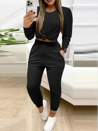 Women's Casual Comfortable Long Sleeve Top And Pants Set