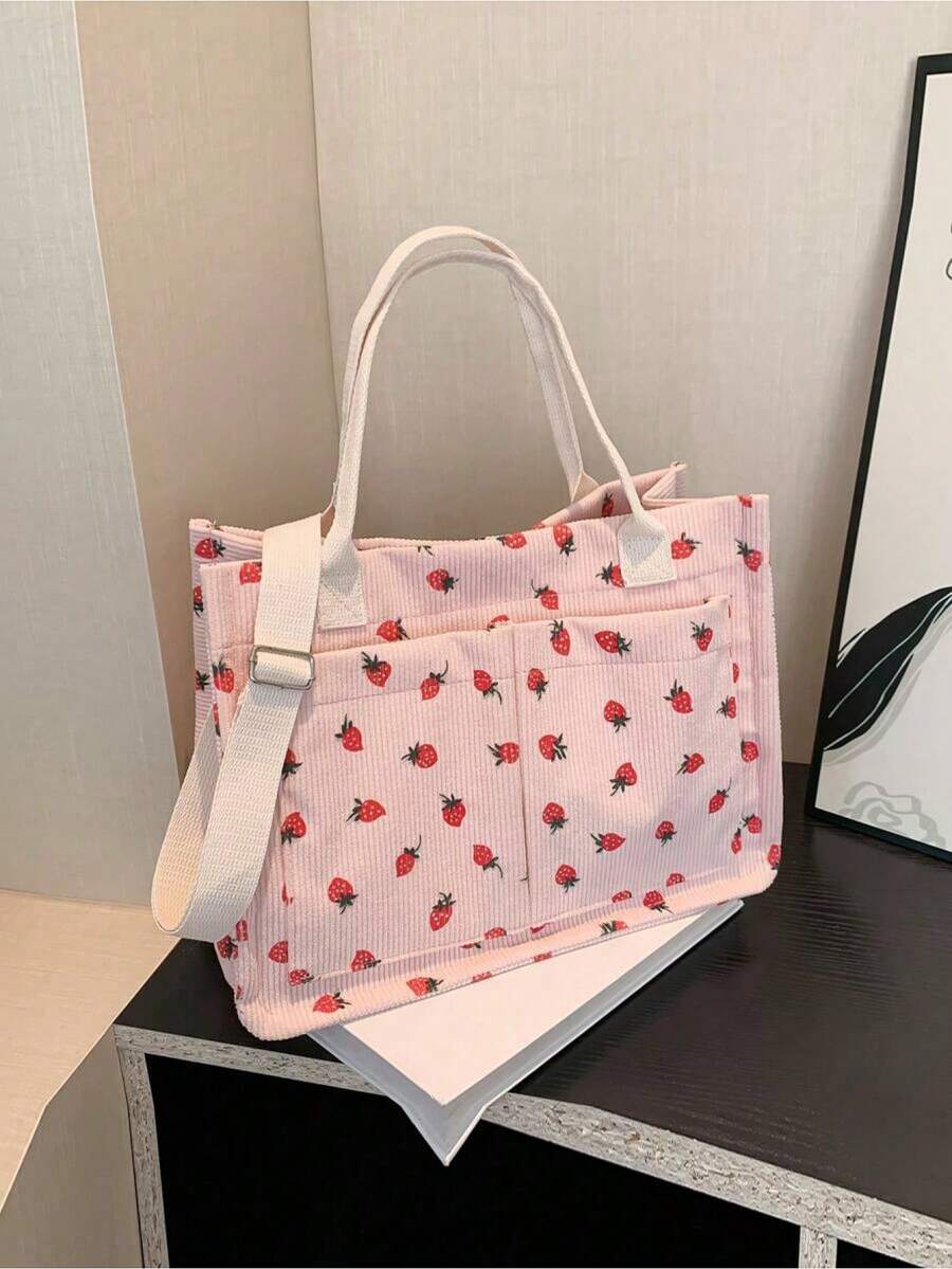 Sac en toile imprimé fraise, style décontracté et à la mode, léger, avec plusieurs poches, grande capacité et bandoulière réglable. Convient aux filles, aux femmes, au shopping, au travail, à l'hôpital, aux sorties et aux centres commerciaux. Grand sac d'école à compartiments multiples, idéal pour la plage, l'école, le travail et le quotidien. - Rose bonbon - Voir 1