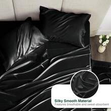 Satin Queen Sheets Set - 4 Piece Black Silky Bed Sheets Set With Deep Pocket, Luxury Silk Feel Satin Queen Size Sheet Set (1 Flat Sheet,1 Fitted Sheet,2 Pillow Cases) - 黑色 - 查看 5