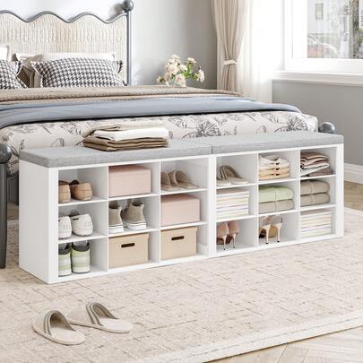 HEXCELEN Banc à Chaussures, Support à Chaussures avec Siège, Banc avec Rangement, Coussin, 18 Compartiments, pour Salon, Couloir, Chambre, Blanc