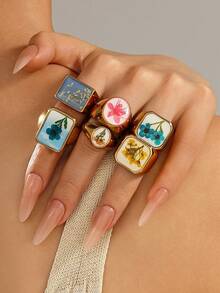 1 chiếc nhẫn đính hoa nhiều màu bằng thép không gỉ, thiết kế phong cảnh độc đáo, tăng thêm sức sống và sự thanh lịch cho trang phục hàng ngày, thích hợp làm quà tặng hoặc phụ kiện cho phụ nữ - Vàng - Xem 1