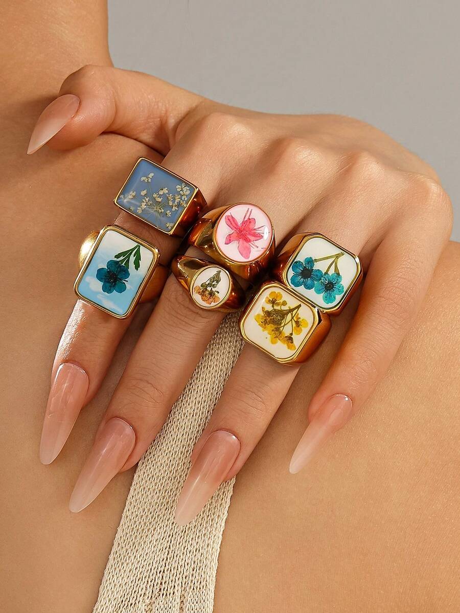 1 chiếc nhẫn đính hoa nhiều màu bằng thép không gỉ, thiết kế phong cảnh độc đáo, tăng thêm sức sống và sự thanh lịch cho trang phục hàng ngày, thích hợp làm quà tặng hoặc phụ kiện cho phụ nữ - Vàng - Xem 1