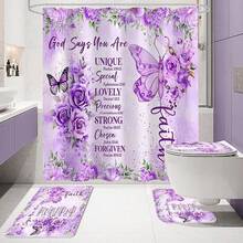 4 Pcs Yellow Inspirational Quotes Shower Curtain Set With Rugs And Toilet Lid Cover, Colorful Boho Waterproof Fabric Bathroom Set, Bible Verse Floral Bathroom Decor Set Accessories - 紫色 - 查看 8