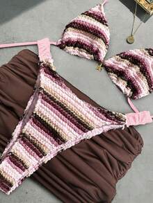 Bikinx 女士夏季沙滩波浪纹露背性感比基尼三件套泳衣套装（含罩衫裙） - 彩色 - 查看 1