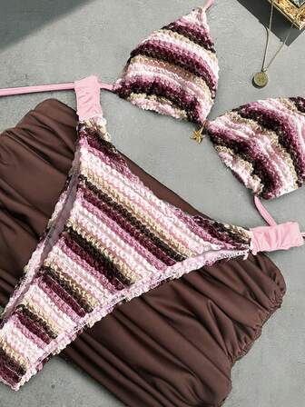 Bikinx 女性用夏のビーチ用ウェーブパターン ホルターネック セクシービキニ3点セット(カバースカート付き)