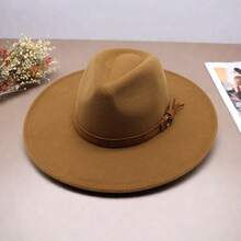 Women Men Wide Brim Fedora Hat Solid Color Belted Wool Hat Felt Jazz Cap For Party - 卡其色 - 查看 5