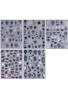 5D 卡通万圣节指甲贴纸 2/5 件黑白粉色幽灵蜘蛛心蛛网蝙蝠星星月亮水滴怪异设计 DIY 秋冬 Y2K 自粘凝胶抛光贴花滑块美甲装饰美甲用品