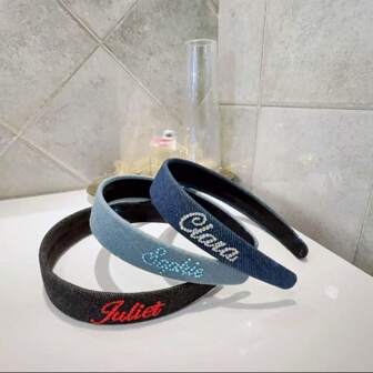 New Customized Letter Denim Headband With Handmade Shiny Rhinestones Decor, Creative Gift, All Season