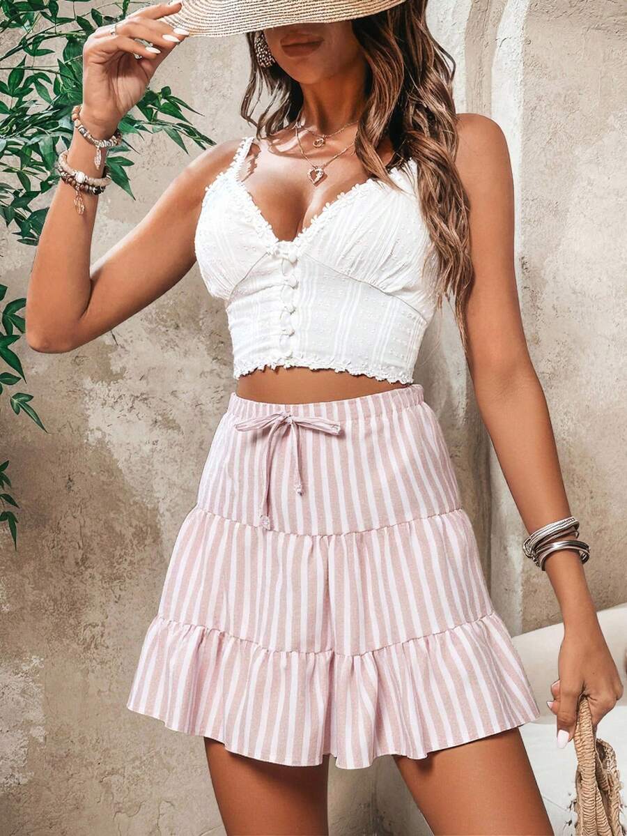 Falda Corta Rayas Volantes Lazo - Beis - Ver 1