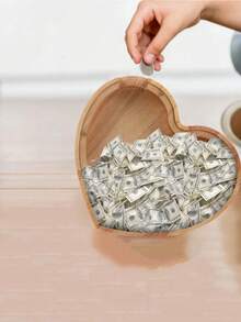 心形桌面摆件，木制储蓄罐，心形公主礼物装饰硬币罐 - 木質色 - 查看 1