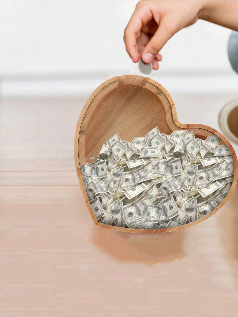 心形桌面摆件，木制储蓄罐，心形公主礼物装饰硬币罐 - 木質色 - 查看 1