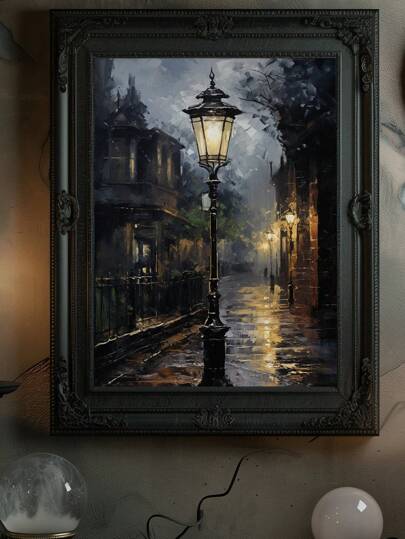 1 pezzo, opera d'arte su tela, opera d'arte incorniciata, decorazioni autunnali, decorazioni di Ognissanti, stampe d'arte malinconiche di lampioni vittoriani, stile dark academic, villaggio inglese sotto la pioggia, arte estetica calda e cupa di una lanterna vintage di Ognissanti, atmosfera misteriosa gotica, adatta per opere d'arte gotiche scure, decorazione per il soggiorno