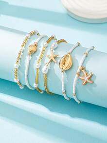 6件套夏季海洋风贝壳海星手链套装，波西米亚风迷你串珠手链，时尚女士波西米亚风饰品，适合度假、海滩旅行、日常佩戴 - 彩色 - 查看 2