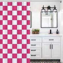 Checkered Shower Curtain, Hot Pink Shower Curtains For Bathroom, Cute Retro Checkerboard Shower Curtain Vintage Aesthetic, Machine Washable Fabric Shower Curtain, 72''x72'' - 玫紅色 - 查看 5