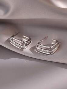 1 Pair Fashionable Elegant Copper Inlaid Cubic Zirconia Square Earrings - Silver - View 4