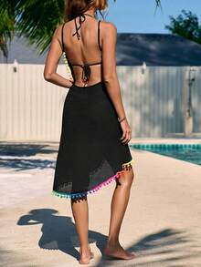 Women's Beach Resort Style One-Piece Colorful Ball Decorated Halter Sleeveless Mid-Length Dress Blouse - 黑色 - 查看 3